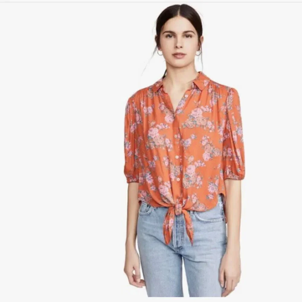 Free People Celia Blouse Top Short Sleeve Shirt Tie Front Floral Red Size Small